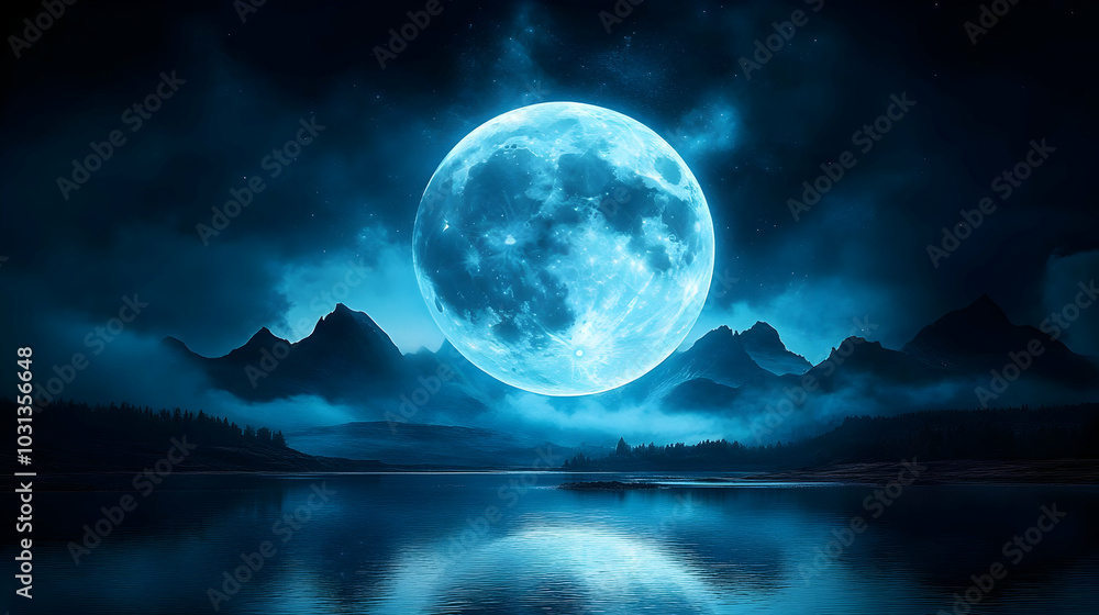 A serene night landscape featuring a large blue moon over water. A serene night landscape featuring a large blue moon over water.