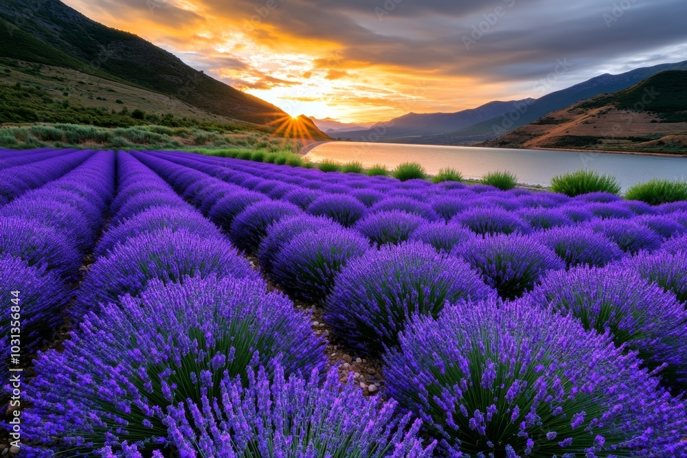 Obraz premium Field of lavender blooming under a golden sunset, filling the landscape with purple hues