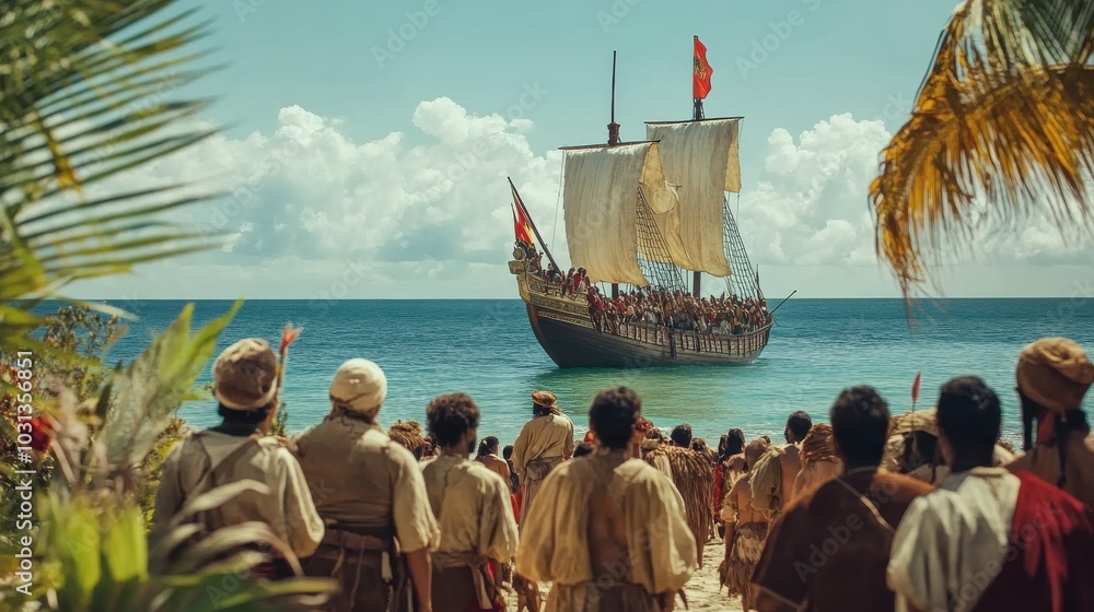 Obraz premium Historical reenactment of Columbus's arrival in the New World and his first encounter with indigenous people on the shore
