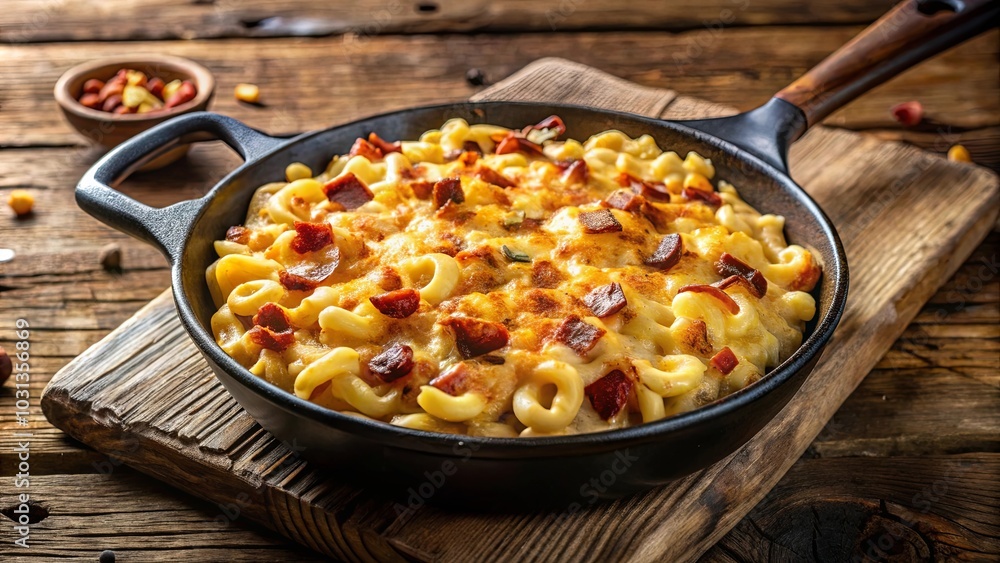 Creamy Macaroni and Cheese with Crispy Toppings in a Cast Iron Skillet on a Wooden Cutting Board Creamy Macaroni and Cheese with Crispy Toppings in a Cast Iron Skillet on a Wooden Cutting Board