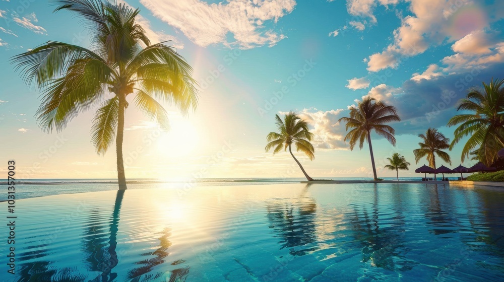 Experience a serene morning by the pool at a tropical resort with swaying palm trees and a breathtaking sunrise Experience a serene morning by the pool at a tropical resort with swaying palm trees and a breathtaking sunrise