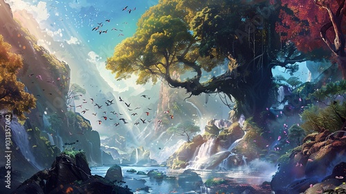 Enchanted Forest Waterfall - Fantasy Landscape Art