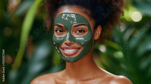 Woman smiling with a green ...