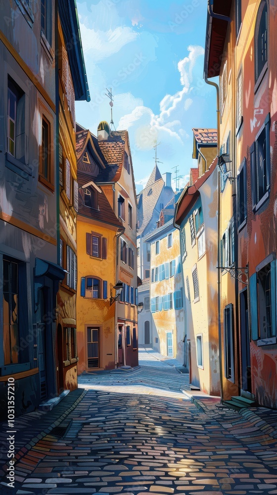 Fototapeta premium Good morning in a quaint European street featuring vibrant buildings and cobblestone pathways under a bright blue sky