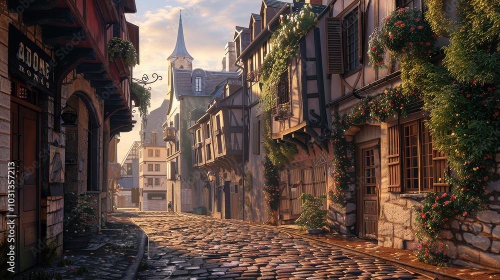 Good morning on a charming European street lined with historic buildings and vibrant greenery Good morning on a charming European street lined with historic buildings and vibrant greenery