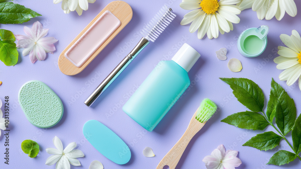 flat lay composition of various beauty and skincare tools arranged with flowers, showcasing serene and fresh aesthetic. vibrant colors and natural elements create calming atmosphere flat lay composition of various beauty and skincare tools arranged with flowers, showcasing serene and fresh aesthetic. vibrant colors and natural elements create calming atmosphere