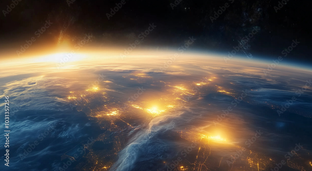 Atmospheric Earth from Space with Misty Clouds and Sunrise Over City Lights Atmospheric Earth from Space with Misty Clouds and Sunrise Over City Lights