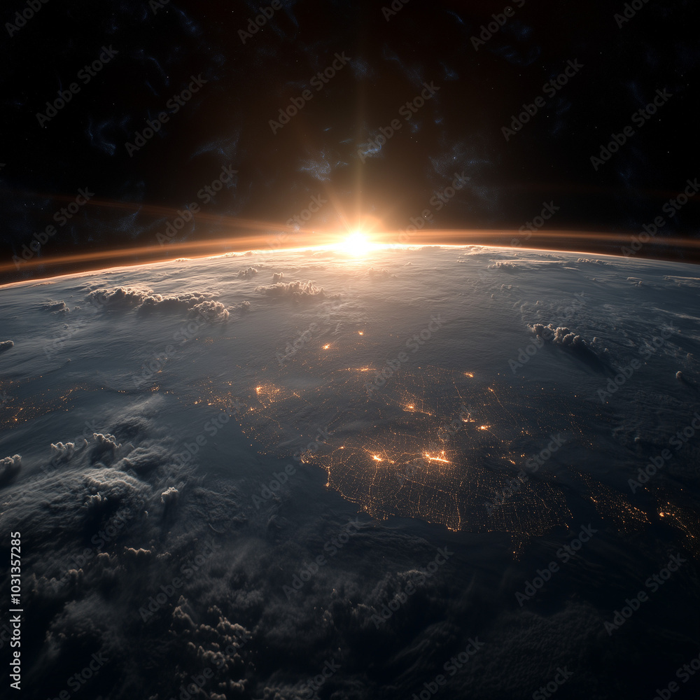 Breathtaking Earth from Space with Glowing City Lights and Sunrise Over Oceans Breathtaking Earth from Space with Glowing City Lights and Sunrise Over Oceans