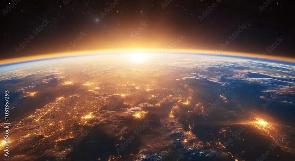 Sunrise Over Earth from Space with Glowing City Lights and Atmospheric Clouds Sunrise Over Earth from Space with Glowing City Lights and Atmospheric Clouds