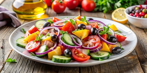 A vibrant and refreshing salad with colorful sliced vegetables and black olives on a white plate, sitting atop a rustic wooden table.