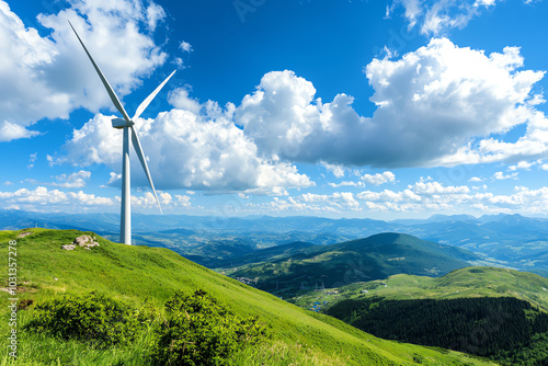 Wind turbine on a green hillside landscape.