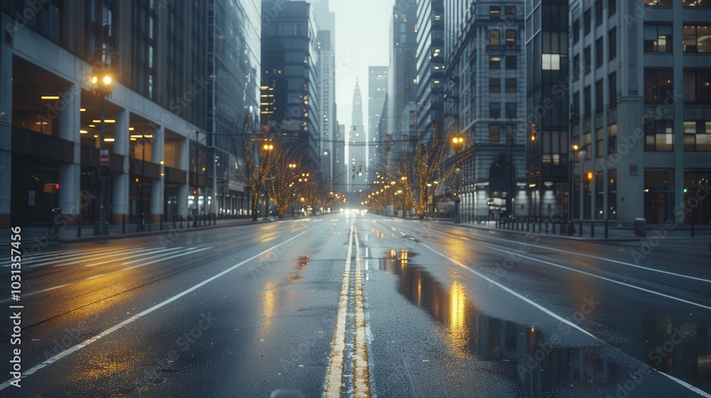 Obraz premium A busy city street with a lot of traffic lights and cars. The street is wet from the rain and the lights are on, creating a moody atmosphere