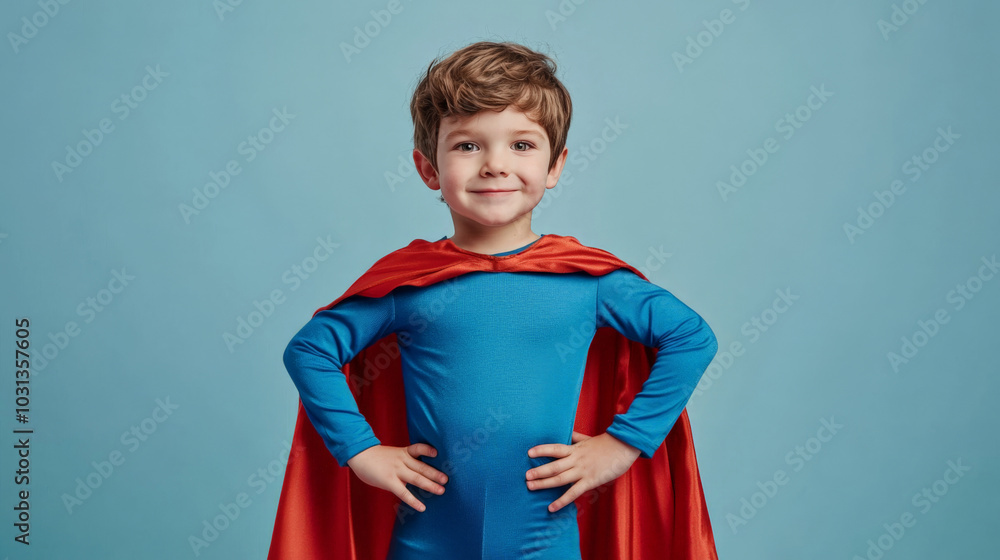 Young boy in superhero costume with red cape posing confidently in studio setting Young boy in superhero costume with red cape posing confidently in studio setting