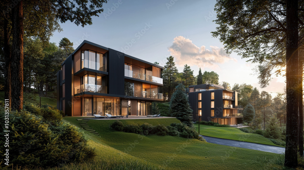 Modern architecture showcases sleek lines and large glass windows, nestled in lush green landscape. elegant design harmonizes with nature, creating serene atmosphere Modern architecture showcases sleek lines and large glass windows, nestled in lush green landscape. elegant design harmonizes with nature, creating serene atmosphere
