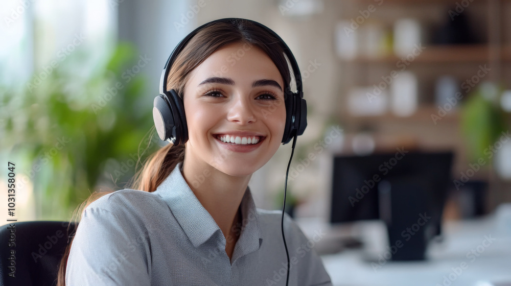 Professional call center agent with headphones in modern office environment Professional call center agent with headphones in modern office environment