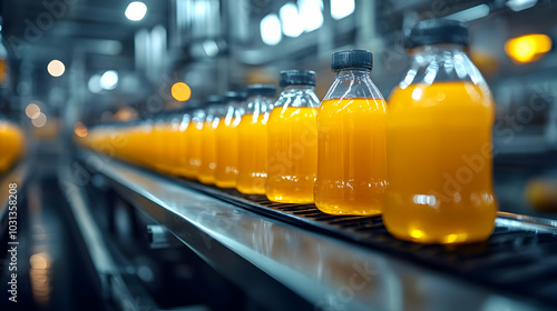 Bottles of orange beverage on a production line in a factory.