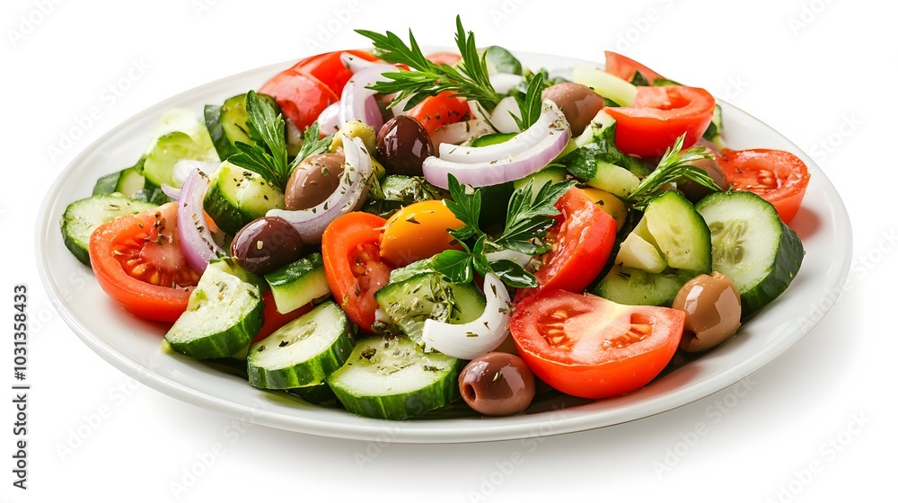 Fresh greek salad on a plate on white background. Fresh greek salad on a plate on white background.