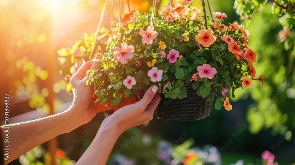 Fototapeta premium A person is holding a potted plant with a variety of flowers in it. The flowers are in different colors and sizes, and the plant is hanging from a hook. Concept of care and attention to detail