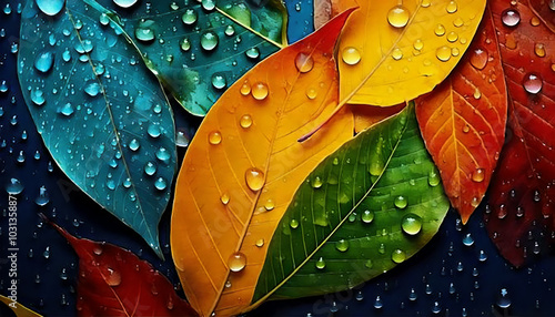 Leaves of autumn and droplets of water
