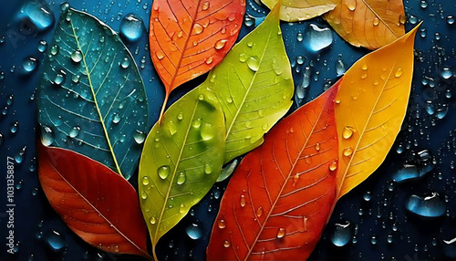 Leaves of autumn and droplets of water