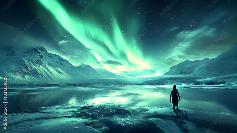 A serene landscape with northern lights over a frozen lake. A serene landscape with northern lights over a frozen lake.