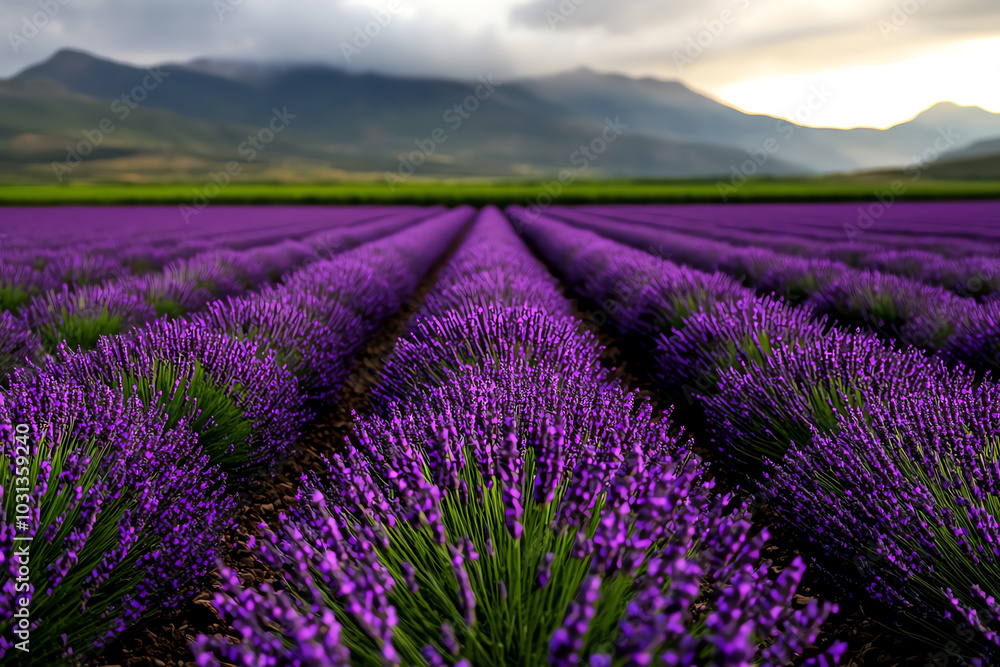 Naklejka premium A top view of a lavender field, where purple flowers create a beautiful pattern across the landscape