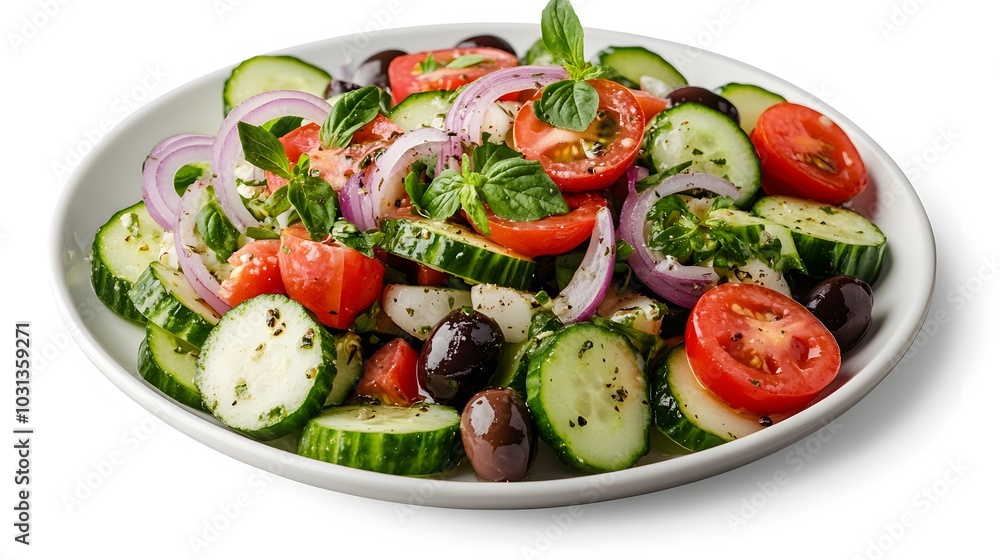 Fresh greek salad on a plate on white background. Fresh greek salad on a plate on white background.