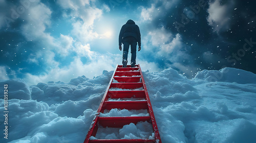 A figure climbs a red ladde...