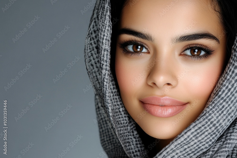 Kuwaiti woman in a soft Shayla, wrapped elegantly with subtle patterns Kuwaiti woman in a soft Shayla, wrapped elegantly with subtle patterns
