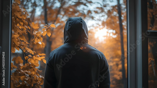 A figure in a hoodie gazes ...