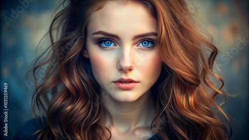 A Portrait of a Young Woman with Soft, Curly Hair, Mesmerizing Blue Eyes, and a Delicate Expression, Captured in a Moment of Quiet Contemplation