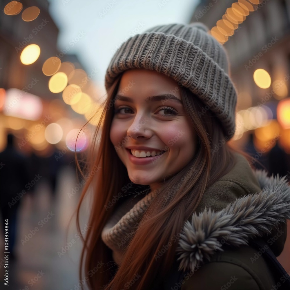 A stunning woman smiles softly as snowflakes fall around her in a delightful city setting, capturing the magic of the Christmas season. Beautiful brunette with long hair. Generative AI A stunning woman smiles softly as snowflakes fall around her in a delightful city setting, capturing the magic of the Christmas season. Beautiful brunette with long hair. Generative AI