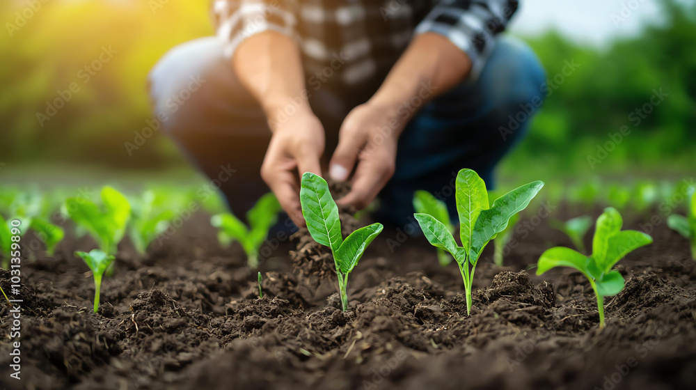 A front view of a farmer tending to a sustainable farm, using ecofriendly practices such as natural fertilizers and pest control A front view of a farmer tending to a sustainable farm, using ecofriendly practices such as natural fertilizers and pest control