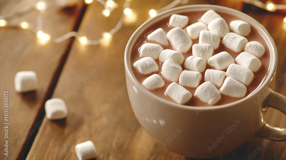 Cozy hot chocolate with marshmallows on a wooden table Cozy hot chocolate with marshmallows on a wooden table