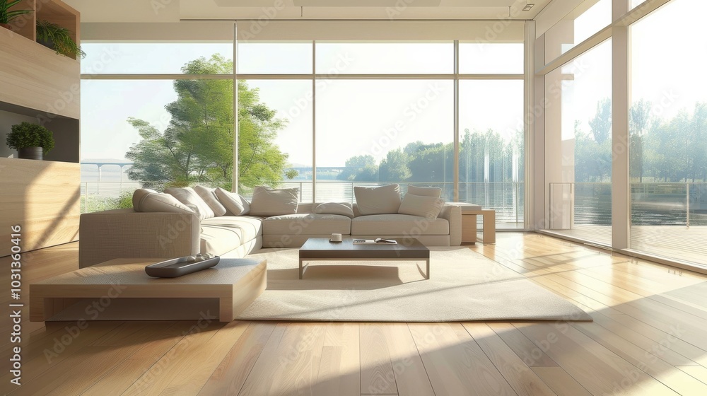 A large white couch is in the middle of a living room with a white rug and a coffee table. The room has a modern and clean design, with a large window that lets in natural light A large white couch is in the middle of a living room with a white rug and a coffee table. The room has a modern and clean design, with a large window that lets in natural light