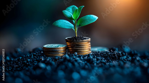 A plant growing from coins,...