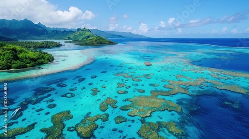 Breathtaking aerial view of turquoise lagoons and coral reefs surrounding idyllic islands in French Polynesia