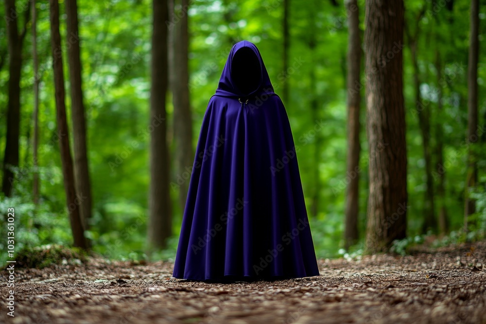 Mysterious woman wearing a deep purple cloak, standing in a forest clearing Mysterious woman wearing a deep purple cloak, standing in a forest clearing