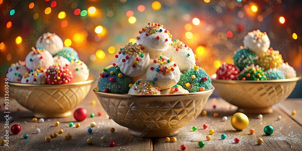 A Festive Display of Delicate Confections in Golden Bowls, Adorned with Multicolored Sprinkles and Set Against a Background of Warmly Glowing Lights A Festive Display of Delicate Confections in Golden Bowls, Adorned with Multicolored Sprinkles and Set Against a Background of Warmly Glowing Lights