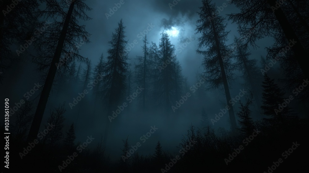 Dark, misty forest under a moonlit sky, evoking mystery. Dark, misty forest under a moonlit sky, evoking mystery.