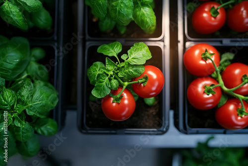 A top view of an organic greenhouse, where vegetables like tomatoes and peppers are grown in controlled environments free from synthetic inputs photo