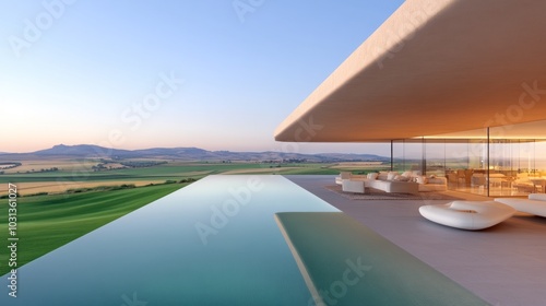 Modern villa with infinity pool overlooking serene landscape.