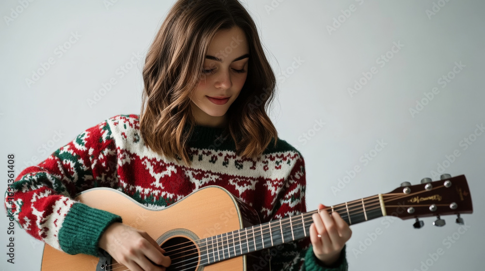 Young woman playing acoustic guitar in festive sweater for musical holiday joy Young woman playing acoustic guitar in festive sweater for musical holiday joy