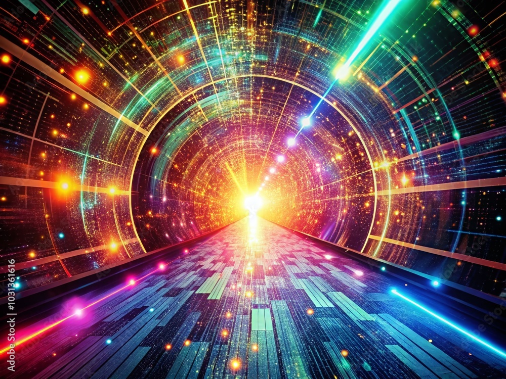 Digital Tunnel of Cyberspace with Particles and Lighting in Silhouette Photography Style Digital Tunnel of Cyberspace with Particles and Lighting in Silhouette Photography Style