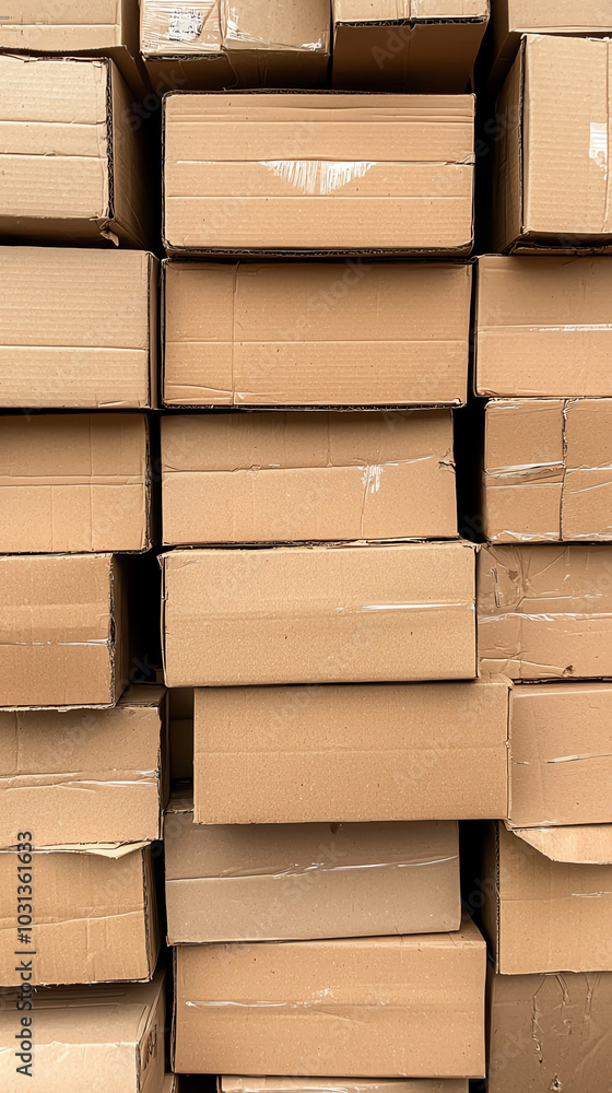 A front view of cardboard boxes, flattened and stacked, waiting to be recycled into new packaging materials
