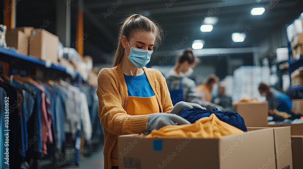 A woman in a warehouse, wearing a face mask, is packing clothes into a cardboard box. A woman in a warehouse, wearing a face mask, is packing clothes into a cardboard box.