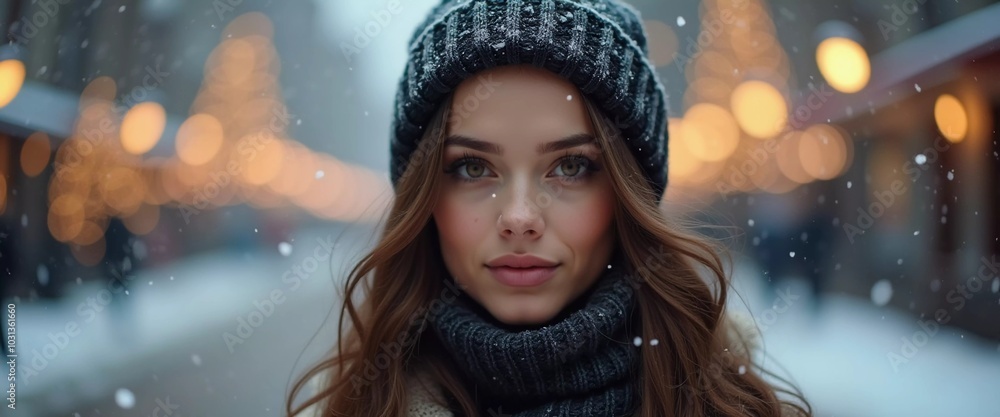 A stunning woman is looking softly as snowflakes fall around her in a delightful city setting, capturing the magic of the Christmas season. Beautiful brunette with long hair. Generative AI A stunning woman is looking softly as snowflakes fall around her in a delightful city setting, capturing the magic of the Christmas season. Beautiful brunette with long hair. Generative AI