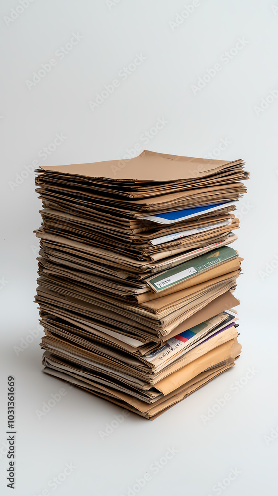 A front view of a stack of newspapers and magazines, neatly bundled together for recycling A front view of a stack of newspapers and magazines, neatly bundled together for recycling