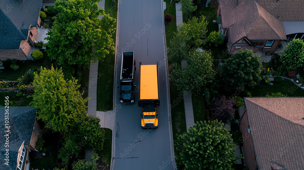A top view of a recycling truck collecting recyclable waste from curbside bins in a residential neighborhood A top view of a recycling truck collecting recyclable waste from curbside bins in a residential neighborhood