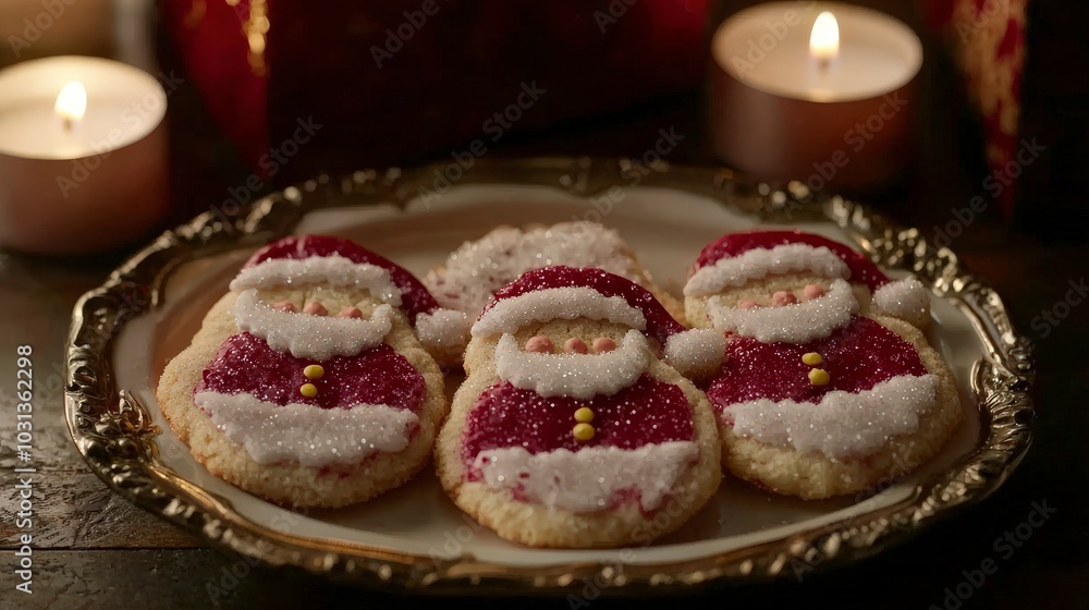 Festive santa cookies decorated with icing and glitter on a silver platter Festive santa cookies decorated with icing and glitter on a silver platter